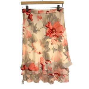 St. John Evening 100% Silk Layered Ruffled Floral Midi Skirt SZ 6 Y2K Sparkly